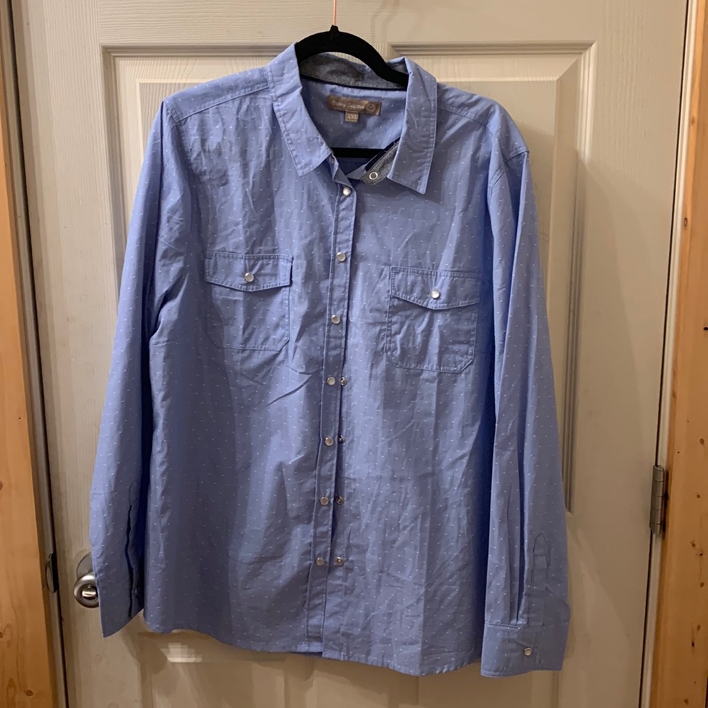 Blue and White Womens Pearl Snap Shirt